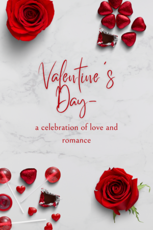 Valentine's Day - a celebration of love and romance. Red roses, chocolate hearts and red sweets displayed against a slightly marbled background
